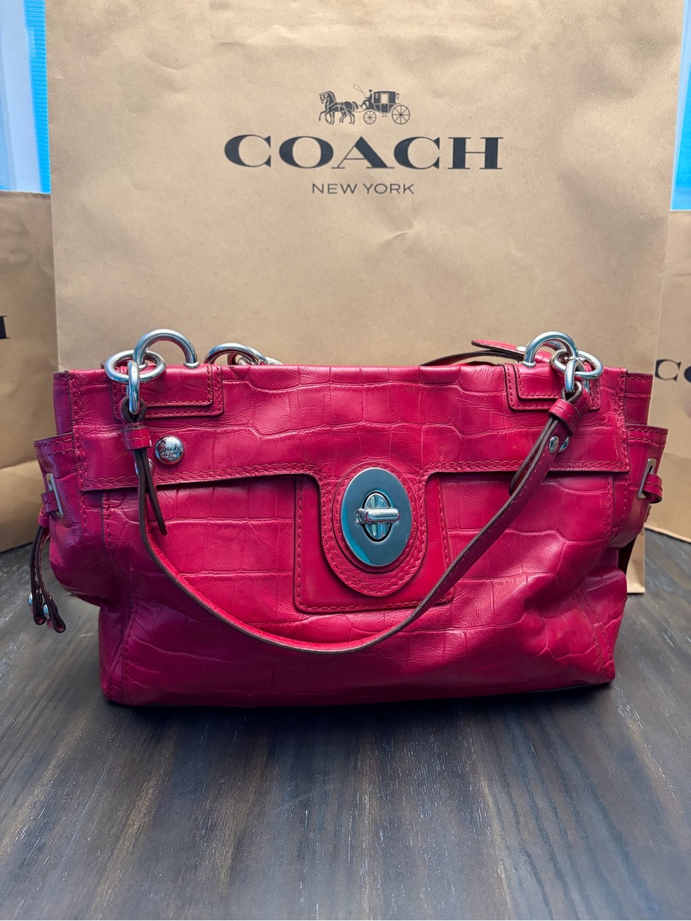 Coach Red Croc-Embossed Satchel